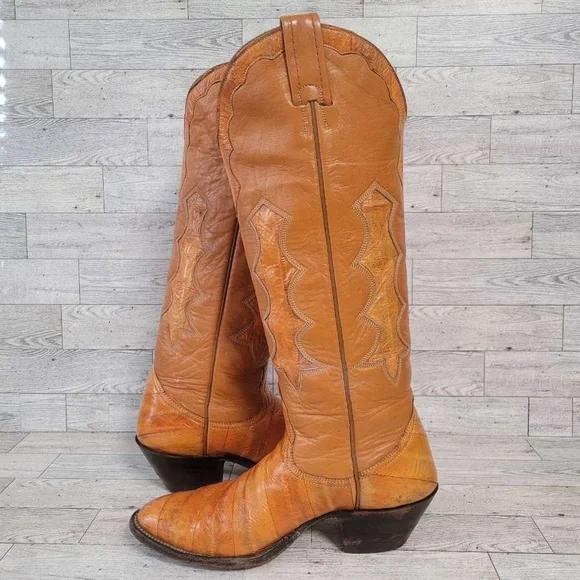 Vintage Nocona Western Brown Exotic Eel Leather Inlay Cowboy Boots Women's 6 C - Picture 6 of 11